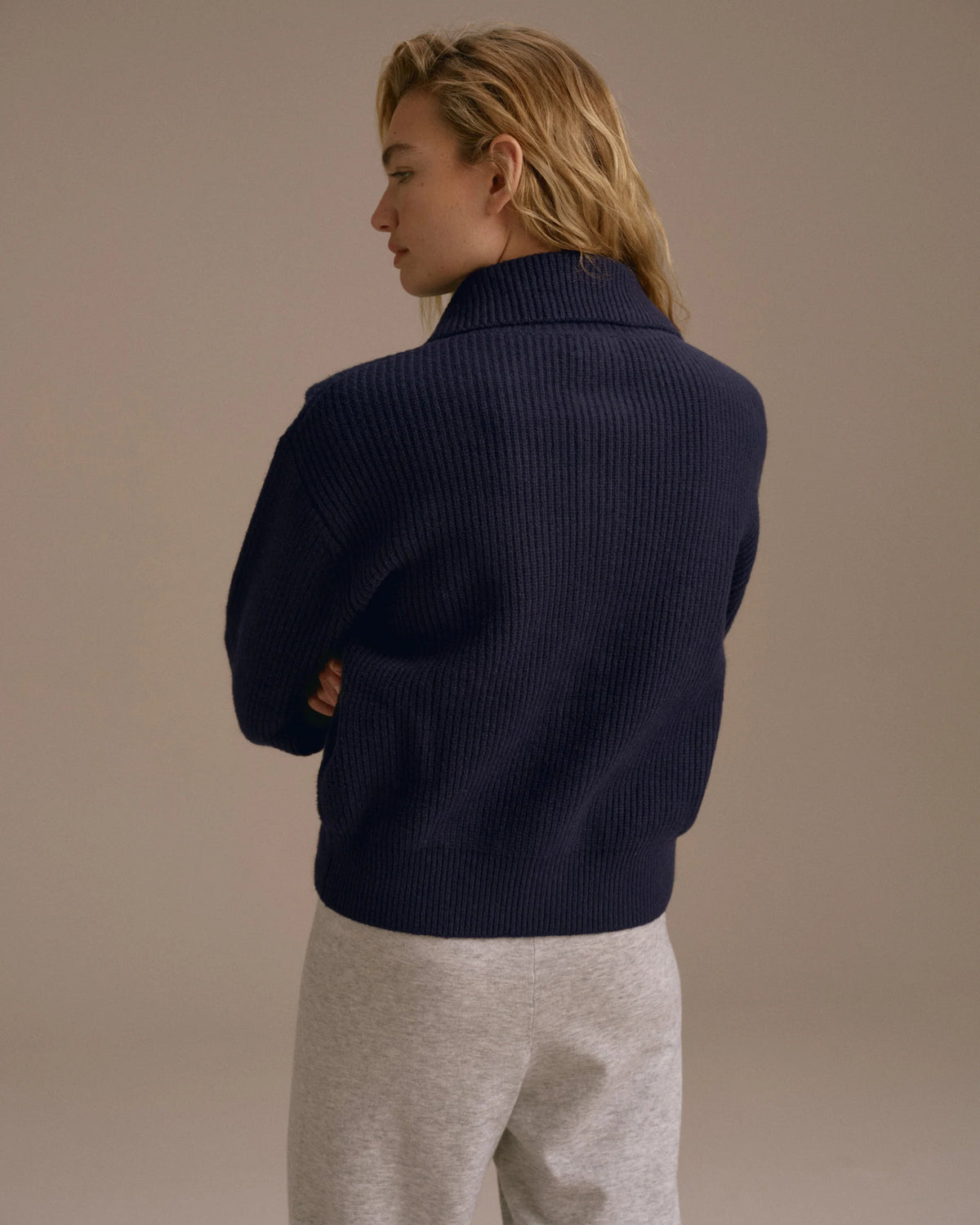 Knit Collar Cardigan - Navy Blue