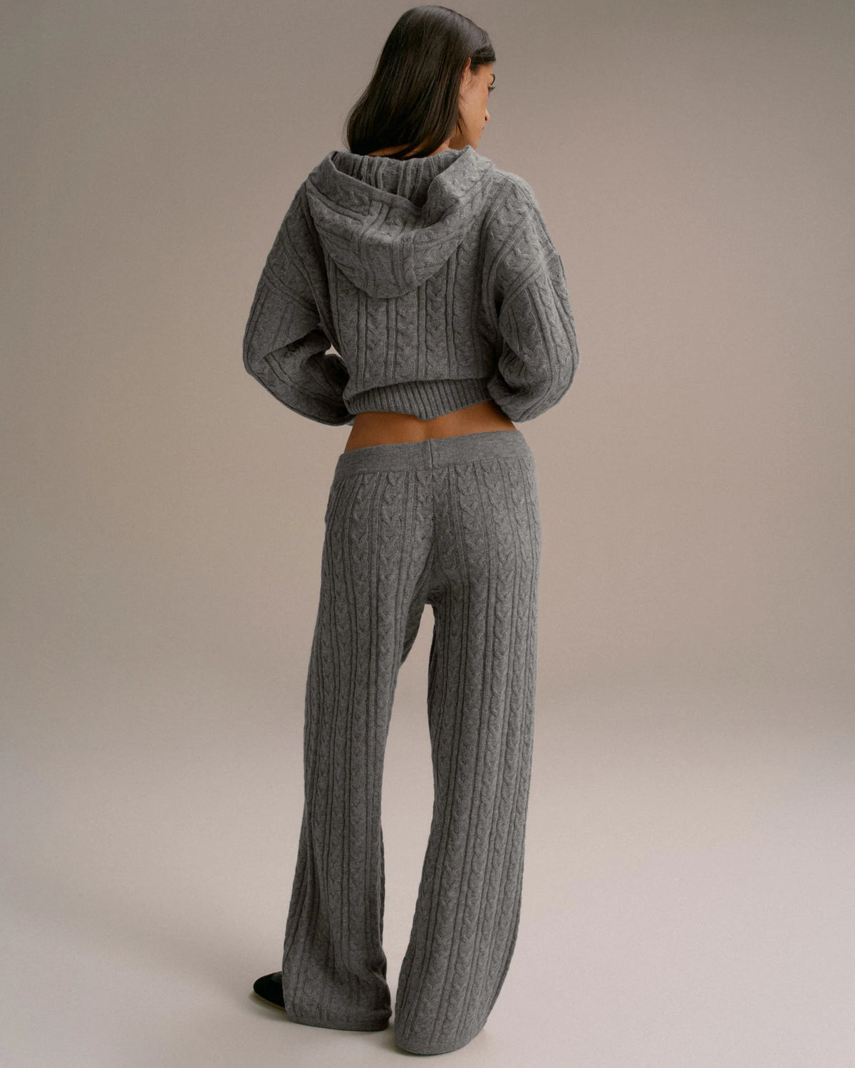 Cable Knit Straight Leg Trousers - Dark Grey Melange