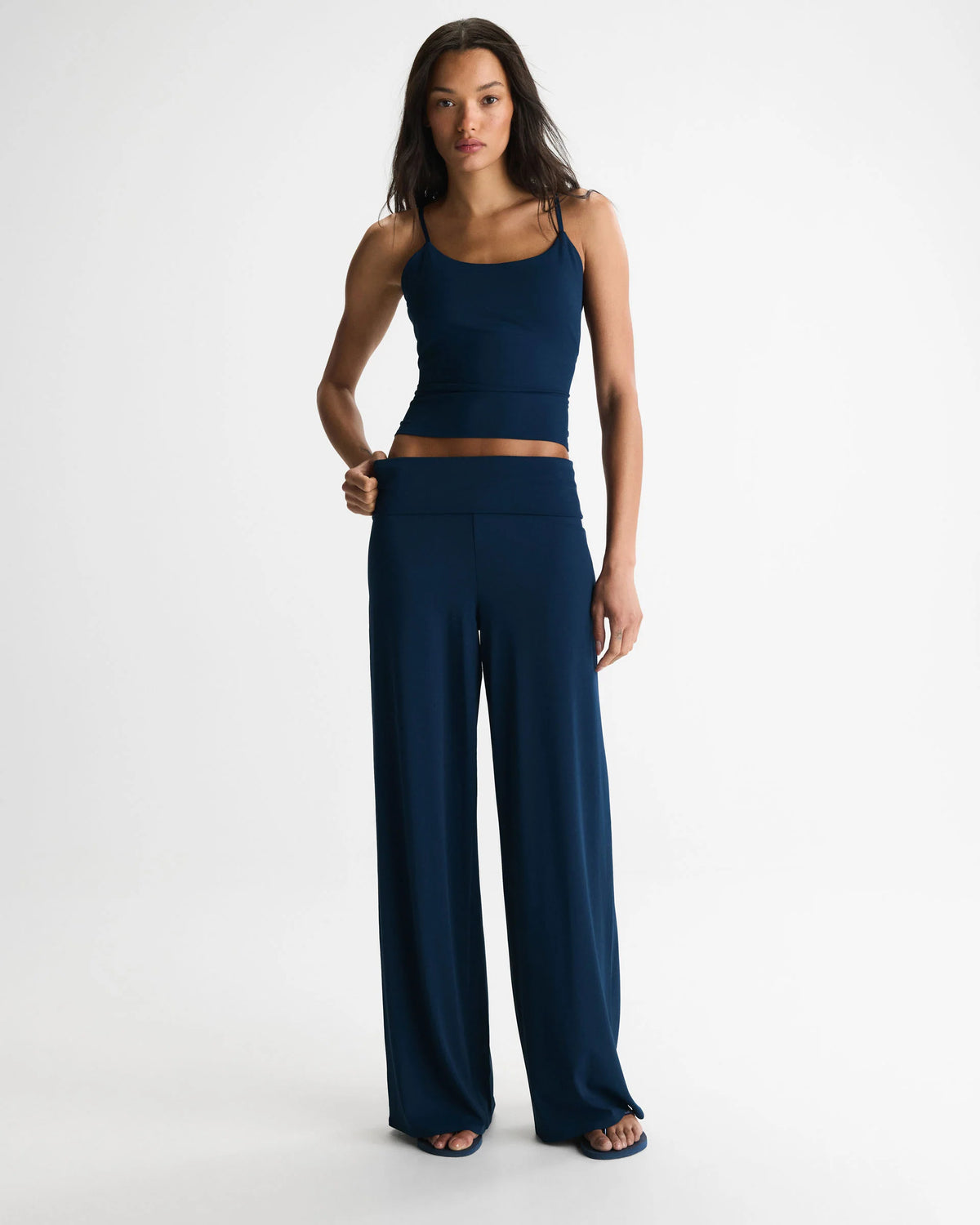 Fold Over Wide Leg Yoga Pants - Navy Blue