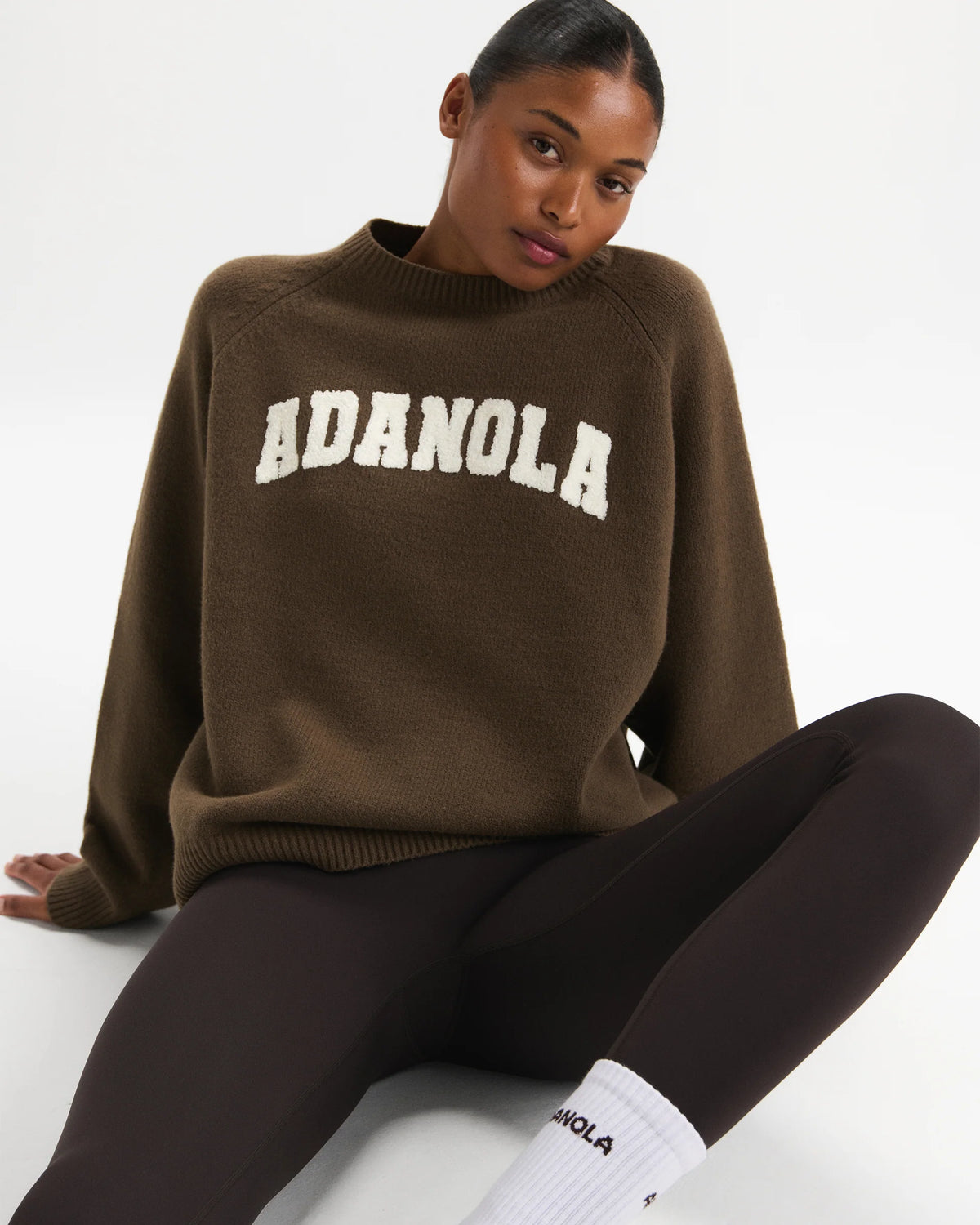 Varsity Boucle Oversized Knit Sweatshirt - Dark Cocoa Brown/Marshmallow White