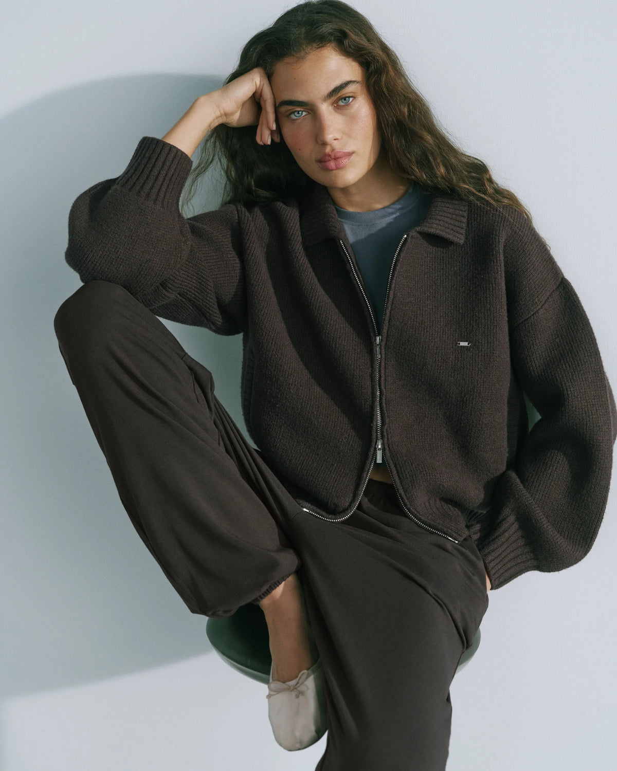 Knit Collared Bomber Jacket - Coffee Bean