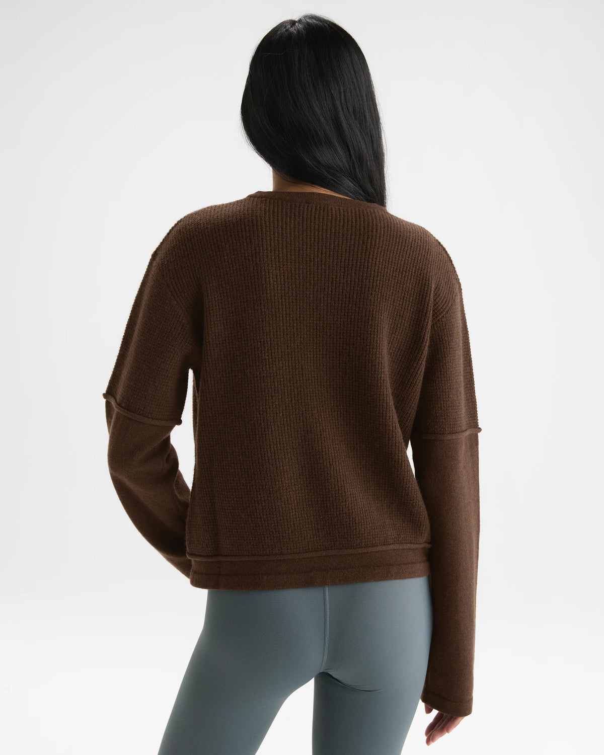 Double Layered Cashmere Blend Knit Long Sleeve Top - Chocolate Brown