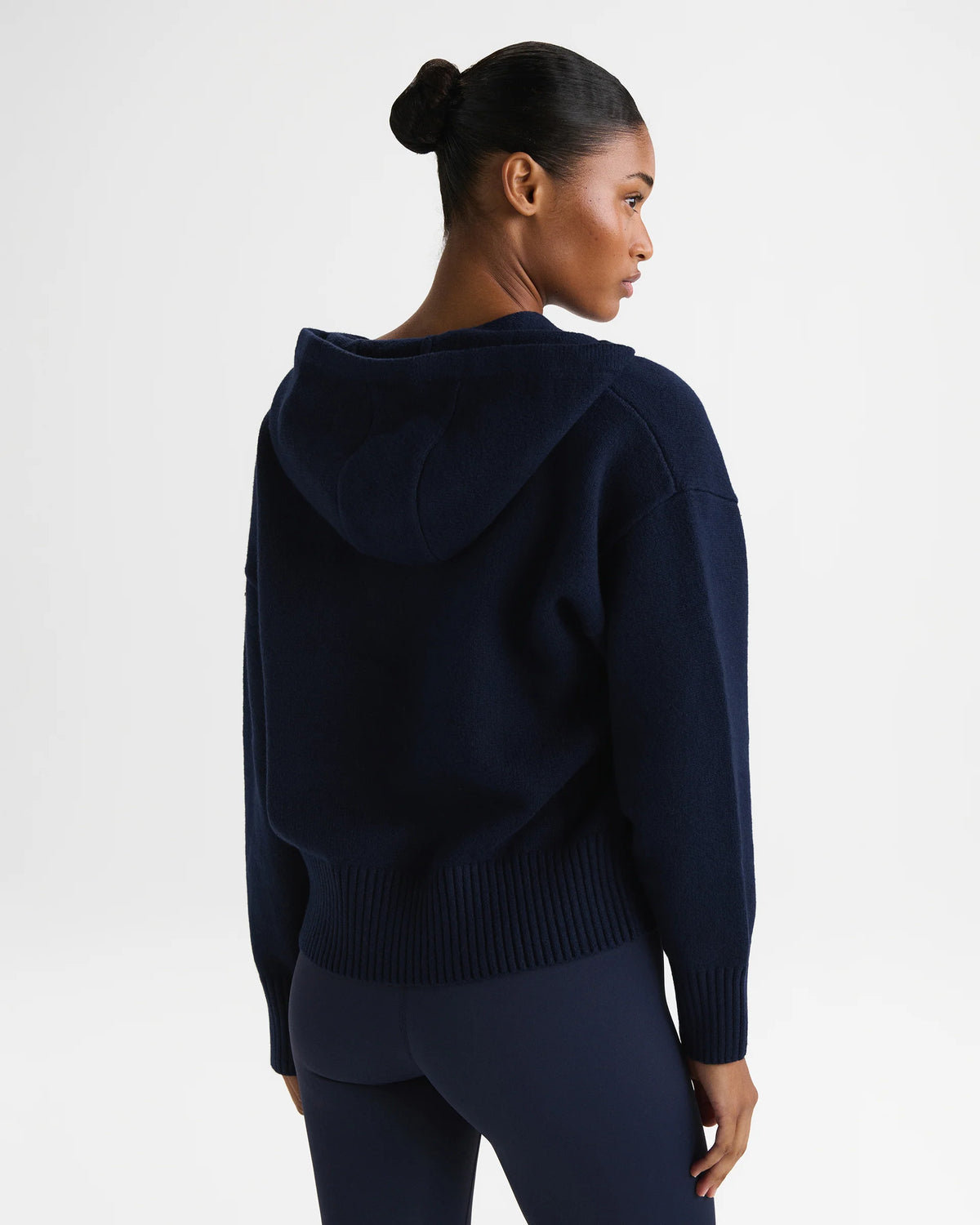 Varsity Knit Hooded Bomber Jacket - Navy Blue/Marshmallow White