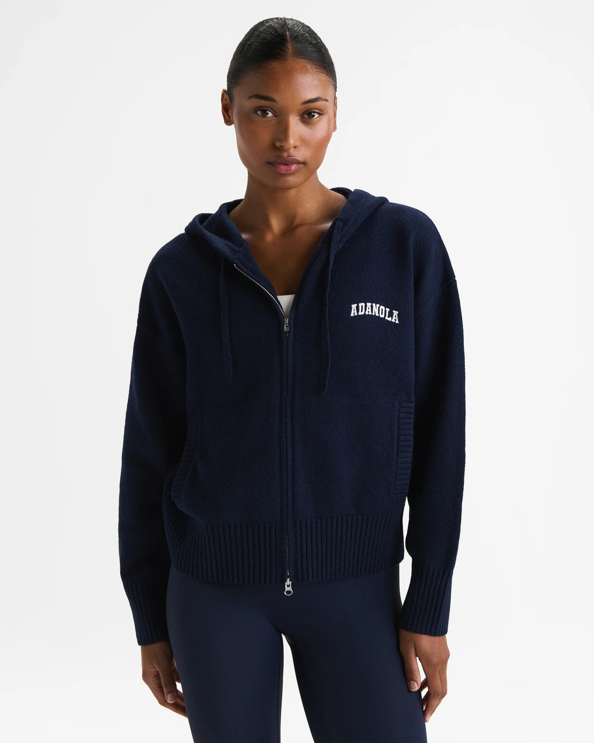 Varsity Knit Hooded Bomber Jacket - Navy Blue/Marshmallow White