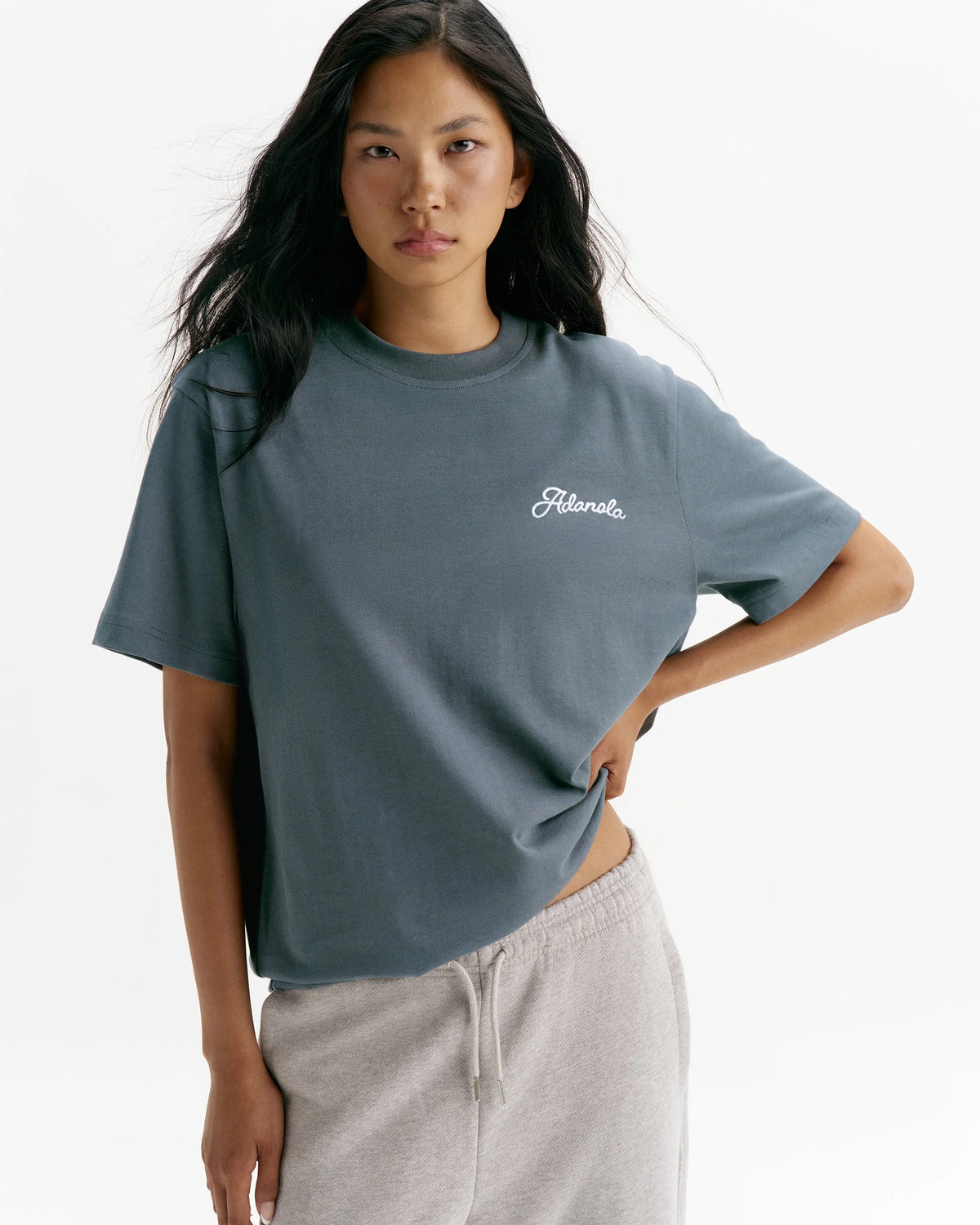 Adanola Script Embroidered Short Sleeve Oversized T-shirt - Storm Blue/Marshmallow White