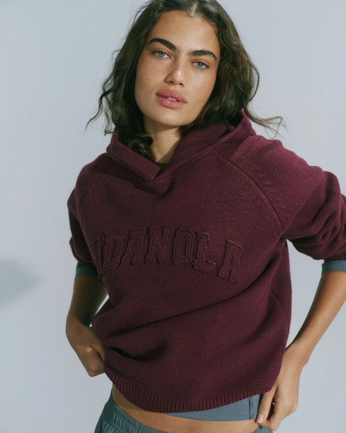 Varsity Oversized Knit Hoodie - Damson Red