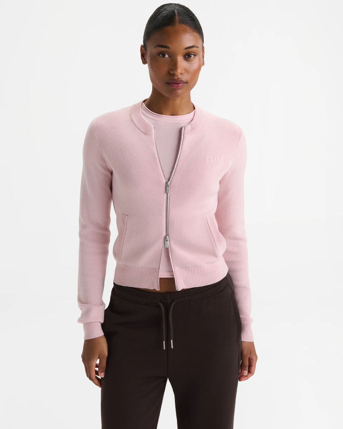Varsity Knit Zip Through Cardigan - Pink