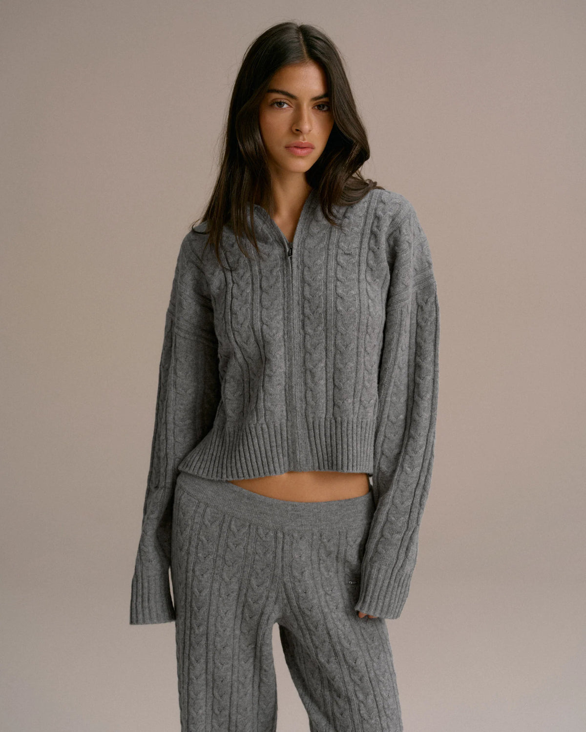 Cable Knit Zip Hoodie - Dark Grey Melange