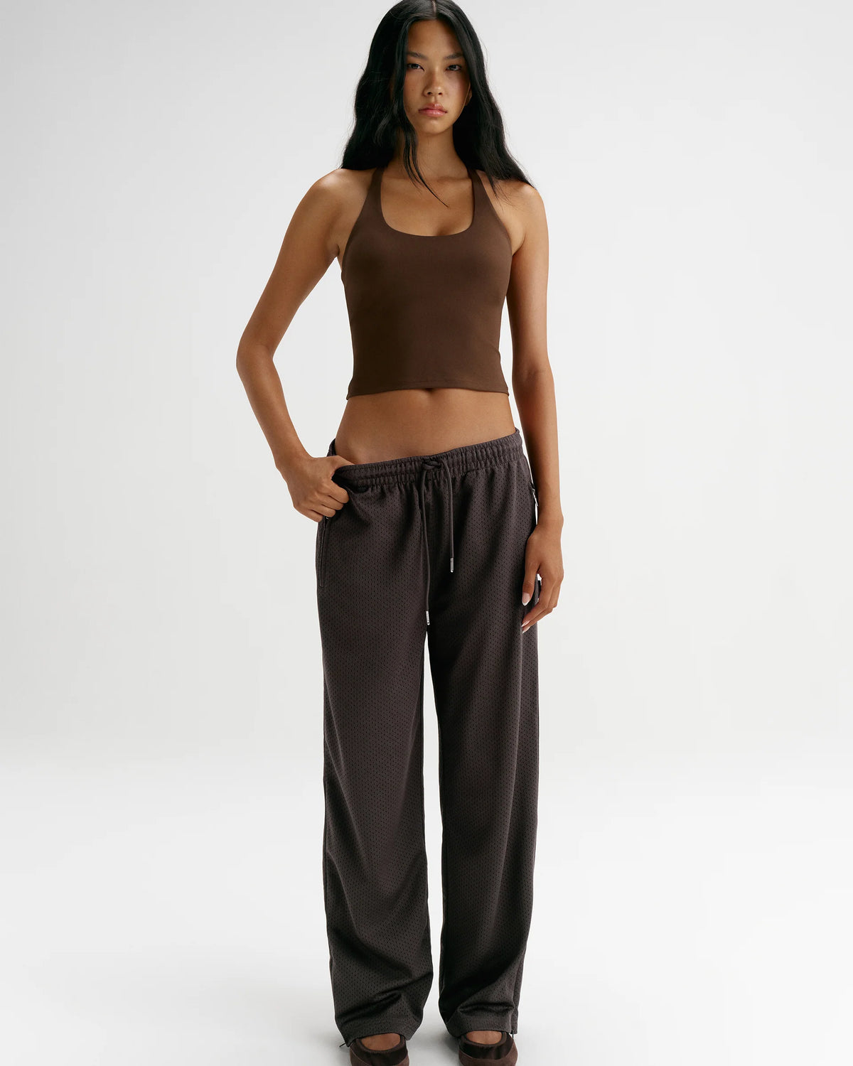 Mesh Overlay Track Pants - Coffee Bean