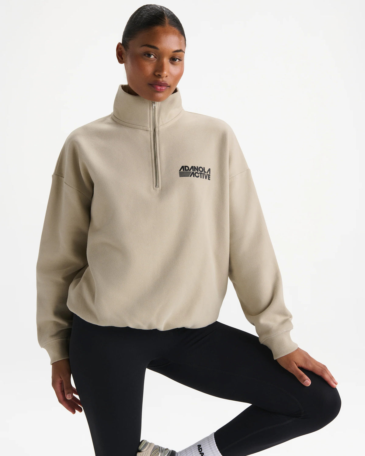 Retro Sports Oversized Funnel Neck Zip Sweatshirt - Stone