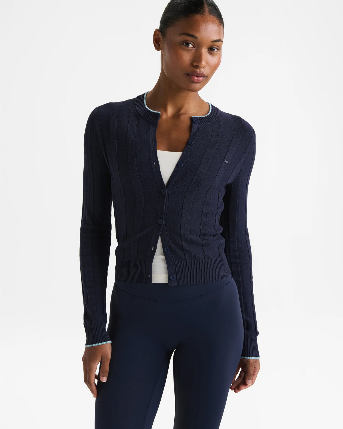 Rib Knit Contrast Tipping Cardigan - Navy Blue/Ocean Blue